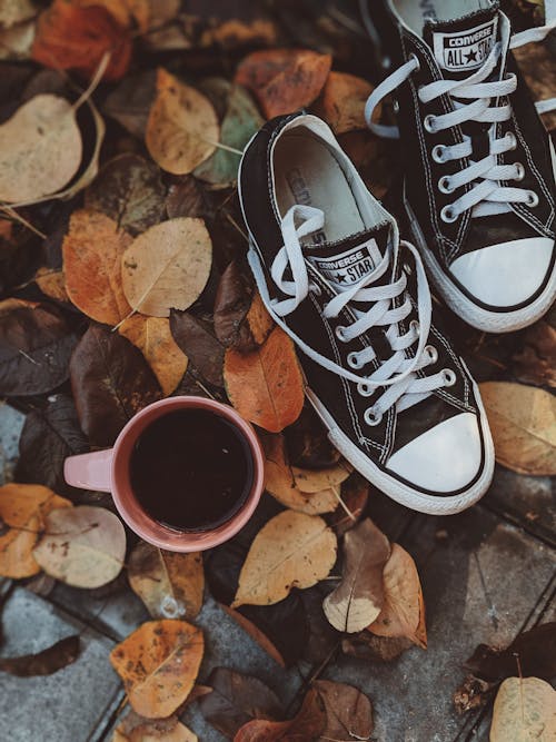 Free High Angle Photo of Converse All Star Sneakers Near Cup of Coffee Stock Photo