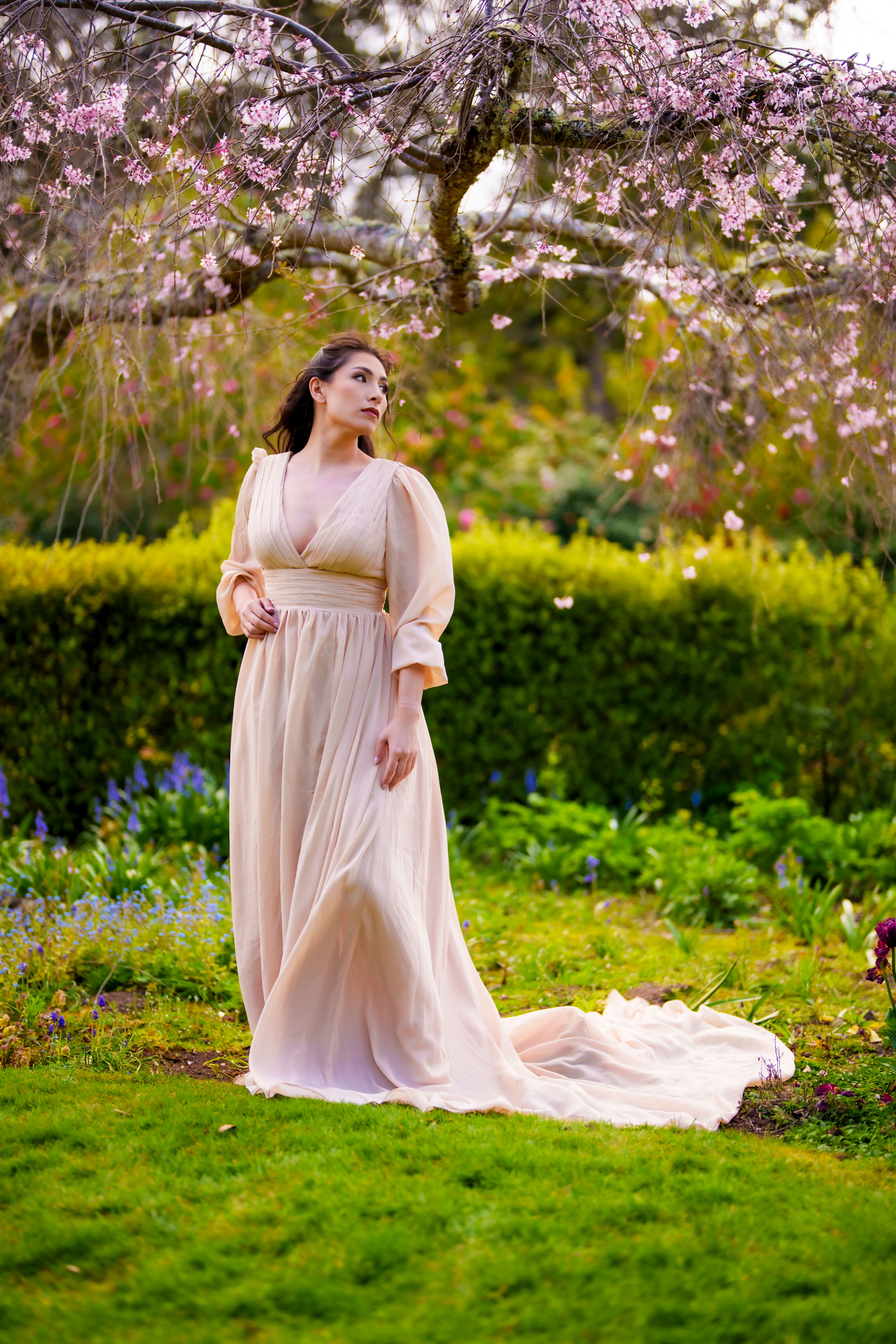 Elegant Woman in Flowing Dress Under Cherry Blossoms · Free Stock Photo