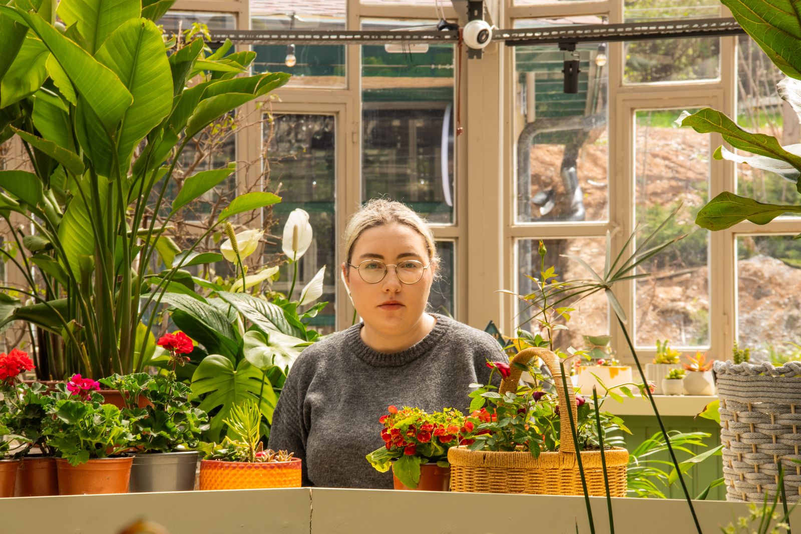 Woman surrounded by flowering plants in a sunlit greenhouse