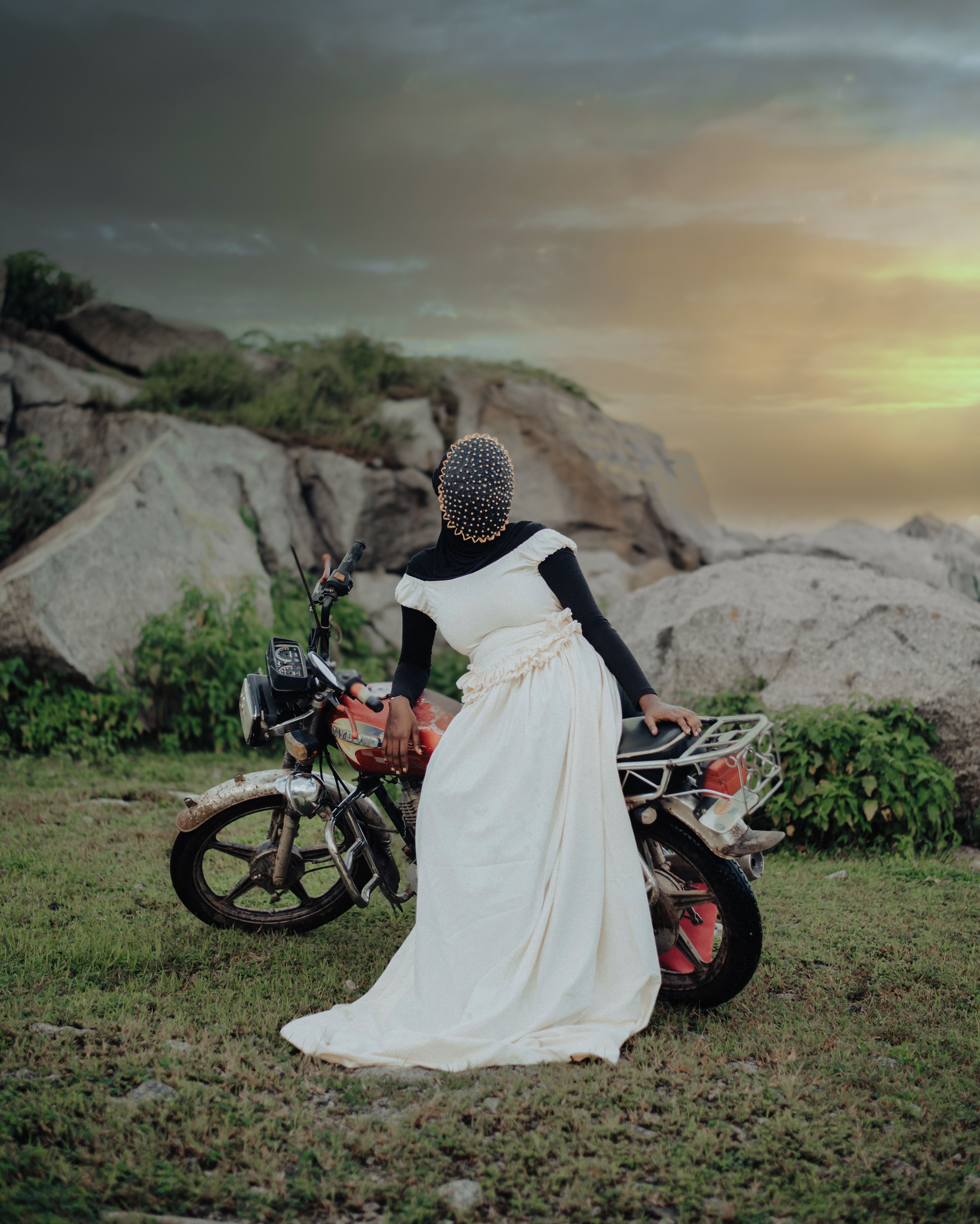 Woman in White Gown on Motorcycle at Sunset · Free Stock Photo