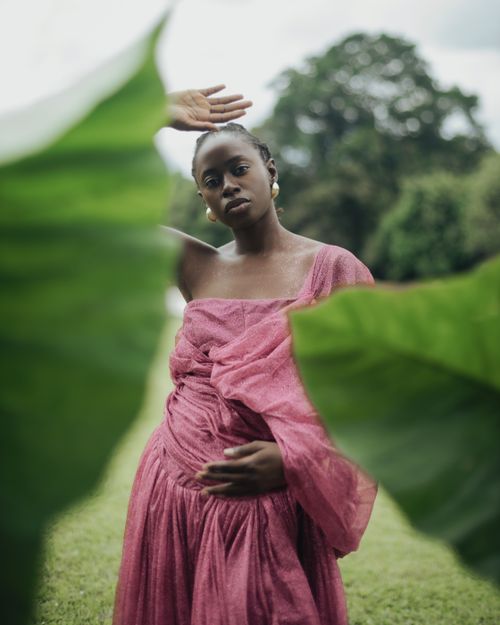 Free Graceful woman in pink dress posing outdoors between large leaves. Stock Photo