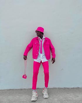 A fashionable person wearing a bright pink outfit with a pastel background, perfect for modern lifestyle themes.