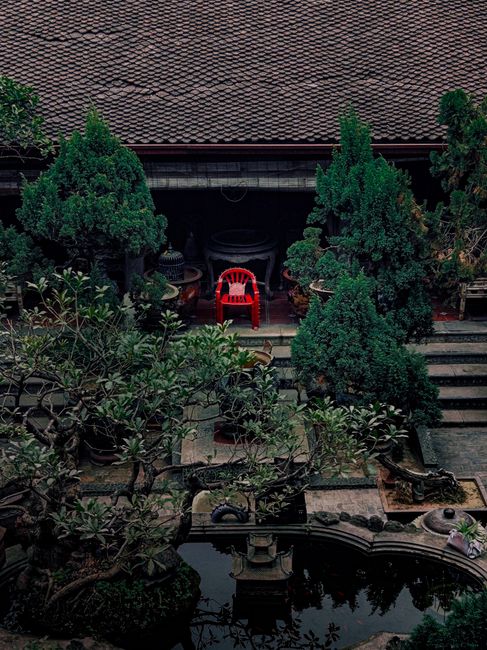 A tranquil courtyard scene featuring lush greenery and a striking red chair in Hanoi, Vietnam.