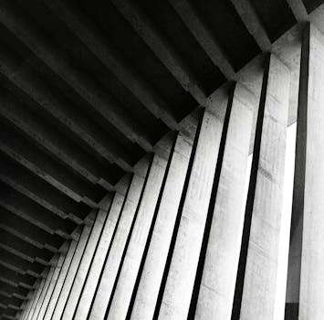Black and white image showing the striking symmetry of concrete columns from a low angle.