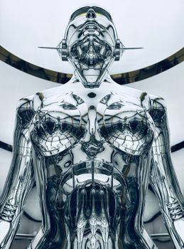 A close-up view of a metallic futurist robot sculpture indoors.