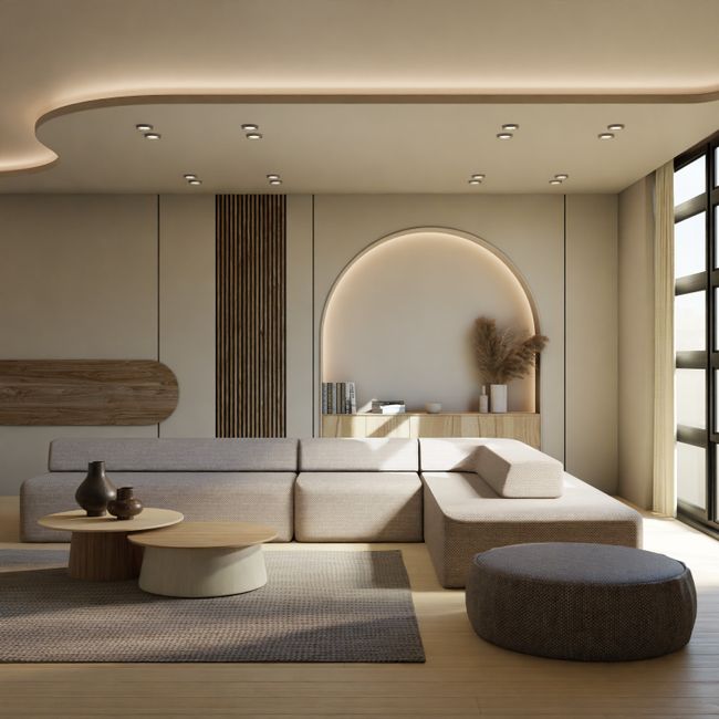 expansive minimalist living room facing the ocean