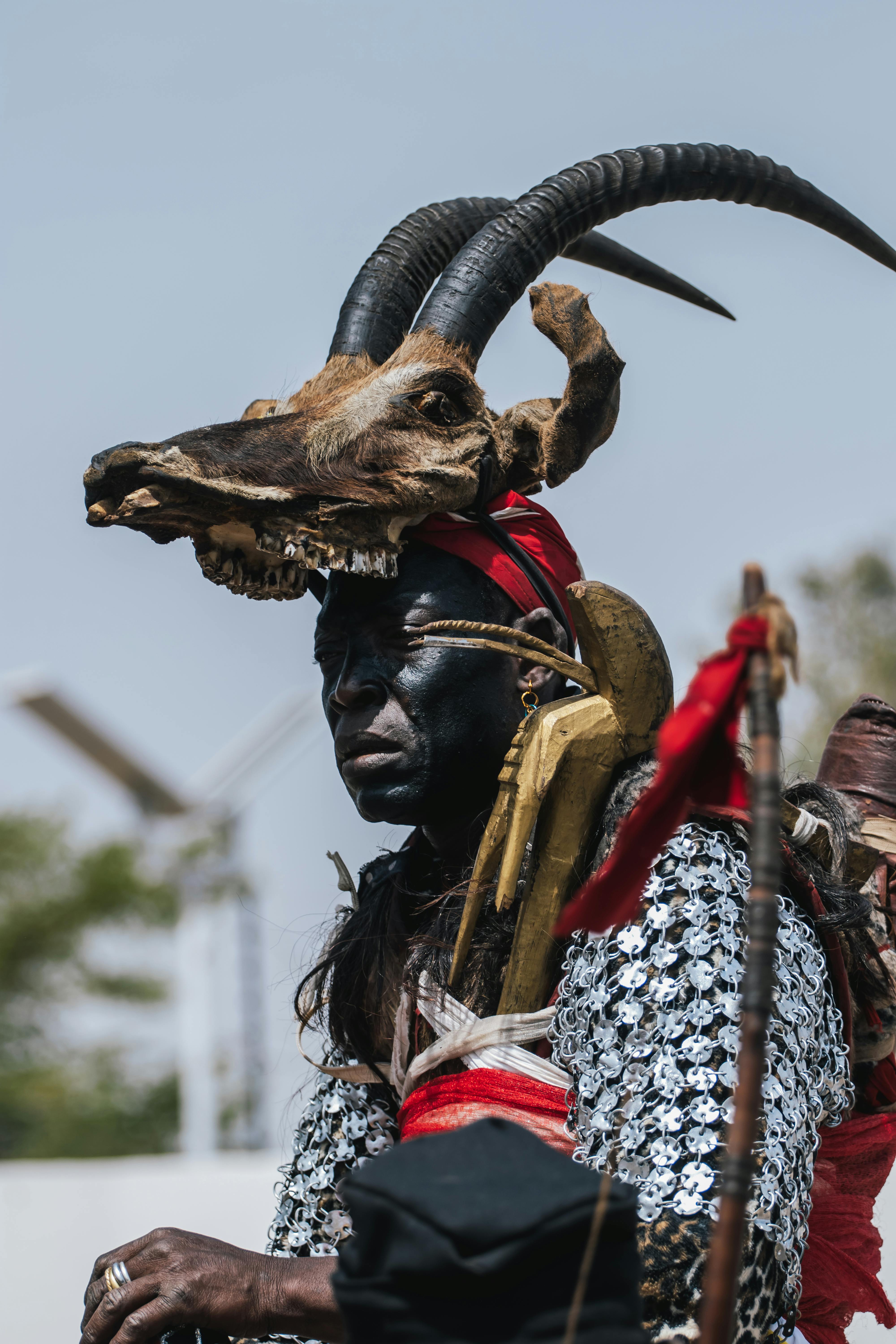 grátis Pessoa em traje tradicional com um cocar de caveira com chifres ao ar livre. Foto profissional