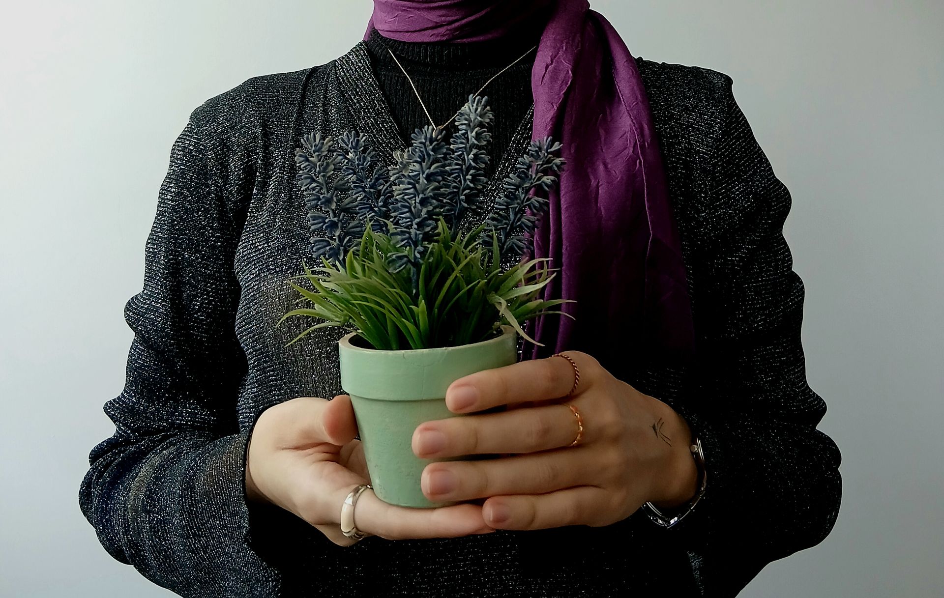 Close-up of a woman holding a small potted lavender plant indoors, showcasing a modern lifestyle.