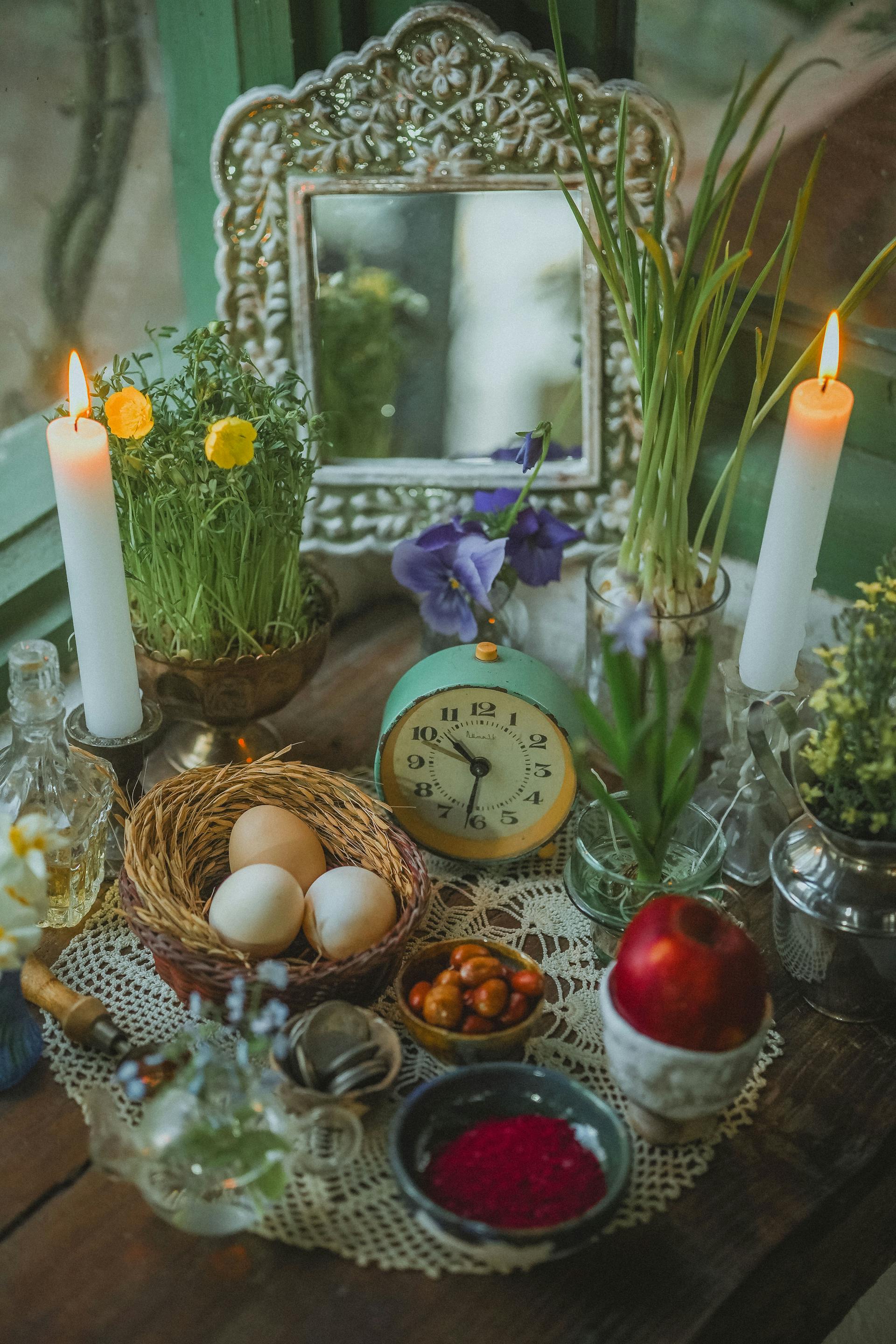 Traditional Haftsin table for Nowruz Persian New Year celebration with symbolic elements