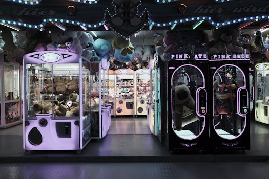 Vibrant claw machines with plush toys at an arcade in Hamburg, Germany, featuring illuminated displays and playful designs.