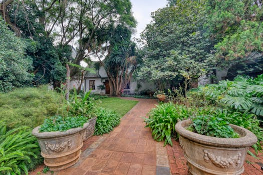 Lush green garden path with potted plants leading to a quaint cottage.