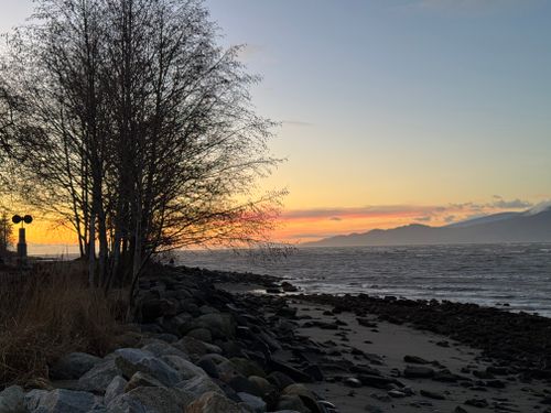 Free Serene beach sunset scene with mountains and silhouetted trees. Stock Photo