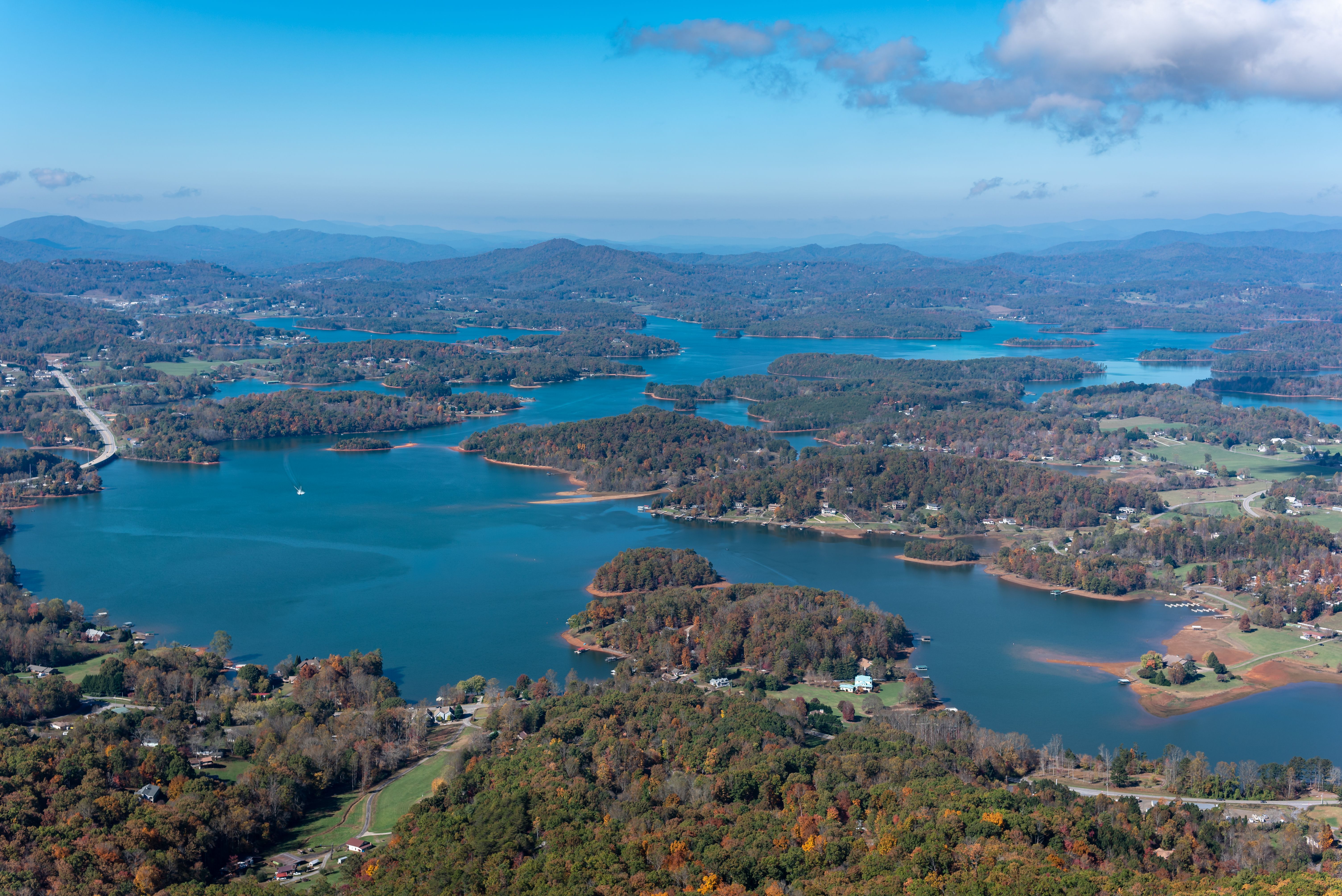 Aerial view of Lake Chatuge surrounded by the Appalachian Mountains in Hiawassee, Georgia.