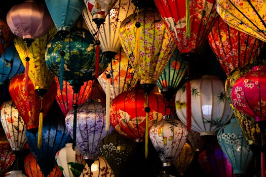 Colorful silk lanterns displayed at Hoi An Night Market, showcasing traditional Vietnamese craftsmanship.