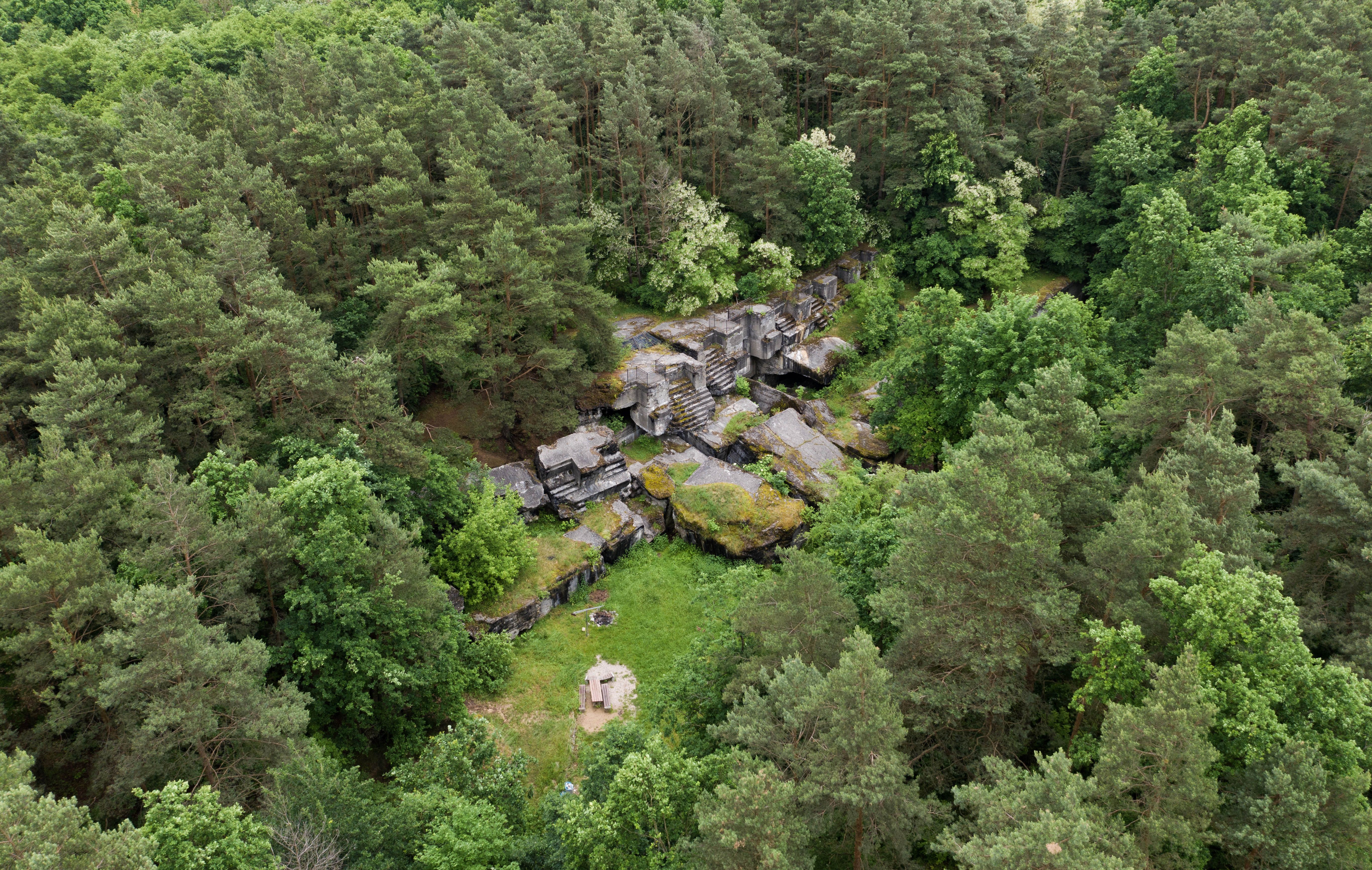 Aerial shot of historical ruins surrounded by dense forest in Wieliszew, Poland.