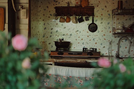 Cozy vintage kitchen scene with floral wallpaper, stove, and pink flowers in foreground.