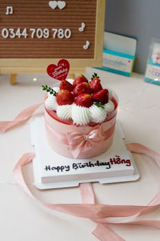 A stylish strawberry birthday cake with whipped cream and pink ribbon decor.