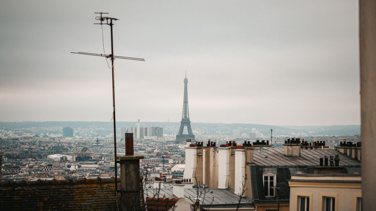 파리 — A panoramic view of Paris skyline featuring the Eiffel Tower during winter, showcasing iconic rooftops.