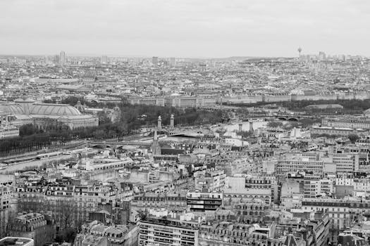 Monochrome aerial image showcasing the iconic Paris skyline with historical architecture.