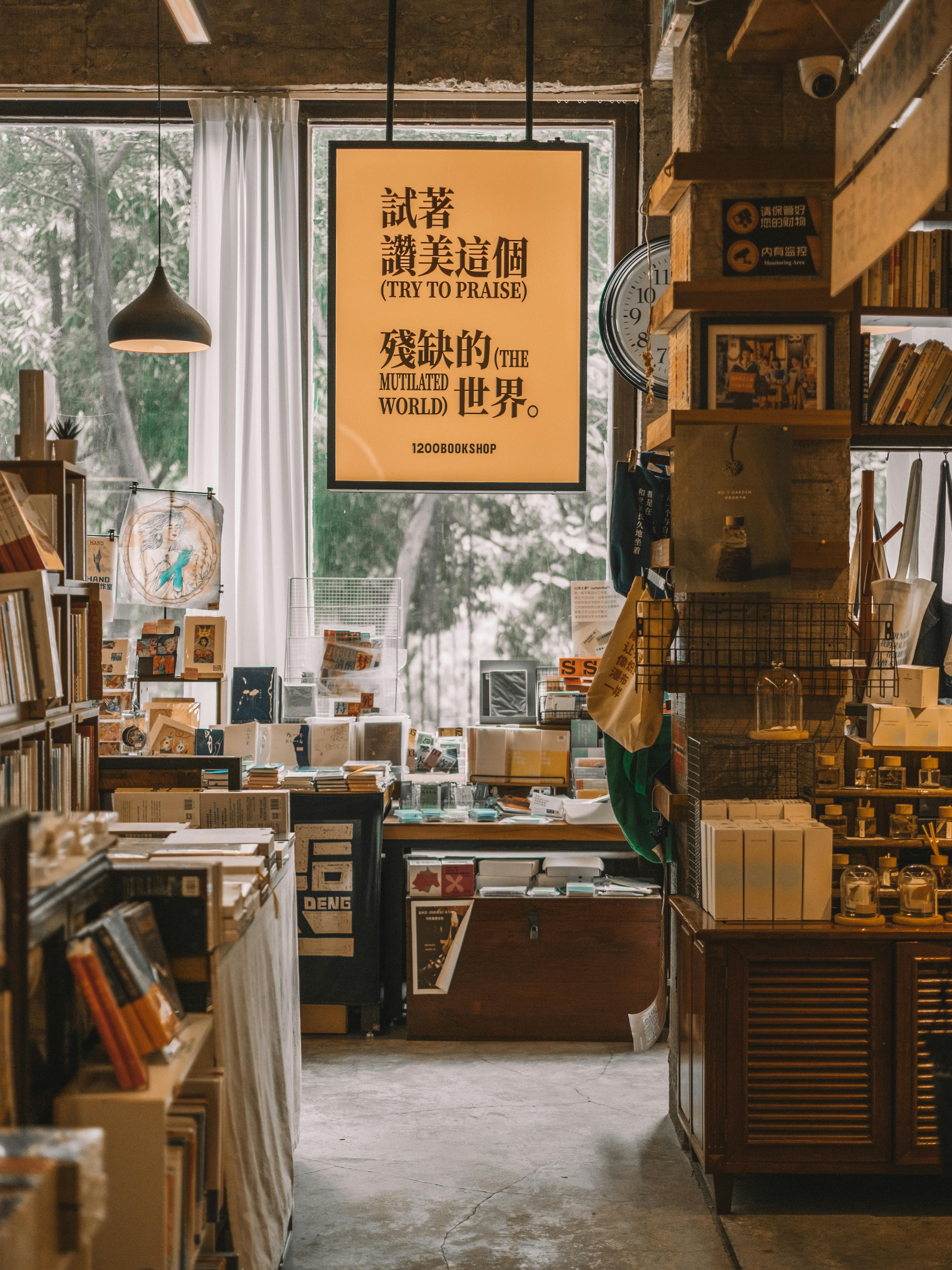 Warm, inviting bookstore interior with vintage decor and a mix of books, art, and curios.