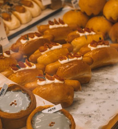 Bakery display case with pastries