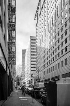 Monochrome urban street scene showcasing Portland's architecture.