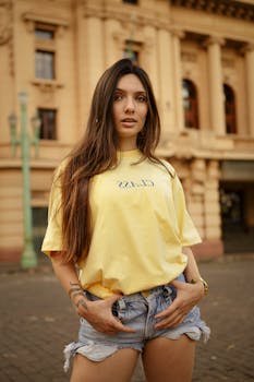 一位穿着黄衬衫的纹身女子在经典建筑前摆姿势