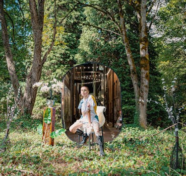 一幅独特的户外肖像，模特映照在镜子中，背景是充满活力的森林风景