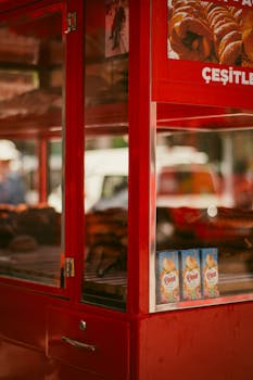Red street food cart selling pretzels and juice on an urban street on a sunny day.
