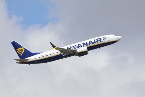 Free Ryanair airplane ascending in the sky, showcasing aviation and travel concepts. Stock Photo