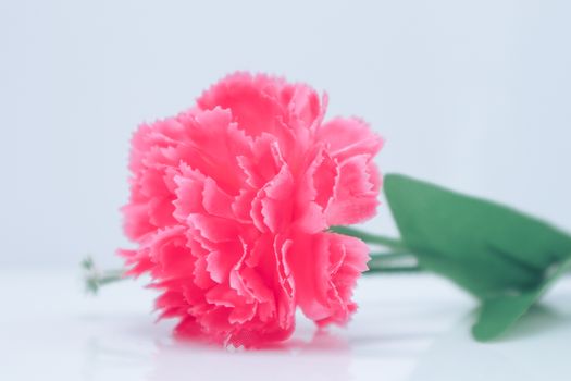 Garofano artificiale rosa brillante con foglie verdi su sfondo chiaro.