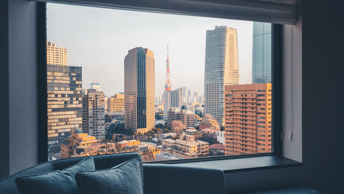 City skyline view from an Osaka hotel window