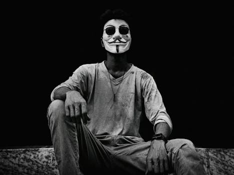 A dramatic black and white portrait of a man in a Guy Fawkes mask.