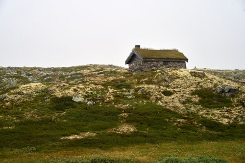 Free Explore solitude with a stone cabin on a misty Norwegian hillside surrounded by greenery. Stock Photo
