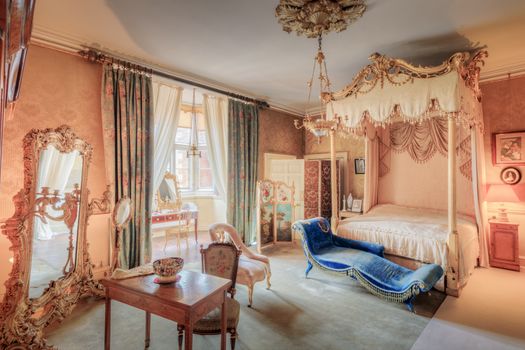 Explore the opulent vintage bedroom interior at Burton Constable Hall in England.