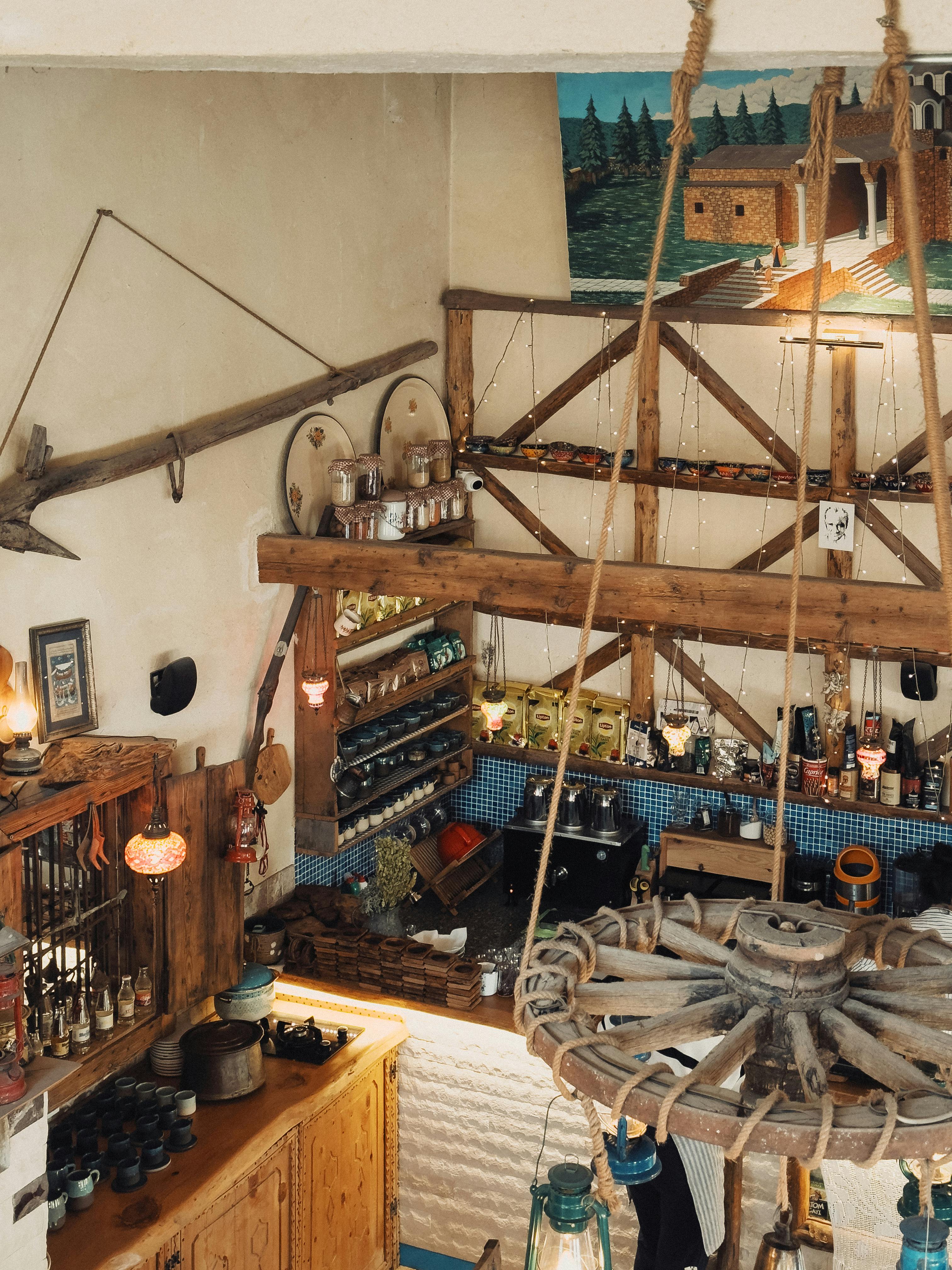 rustic antalya cafe interior with wooden decor