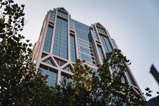 Low-angle view of a modern glass skyscraper framed by green trees during daytime.