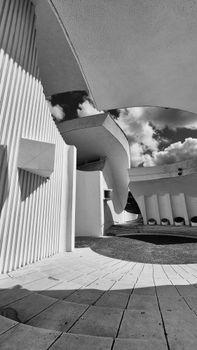 Striking black and white architectural curves and lines in Veles, North Macedonia.