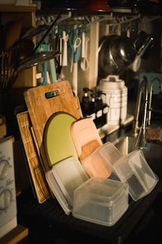A well-organized kitchen sink area featuring cutting boards and storage containers in a cozy setting.