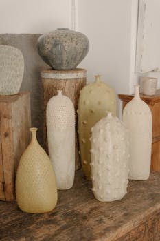 A collection of unique ceramic vases displayed on a rustic wooden surface, showcasing artistic design and texture.