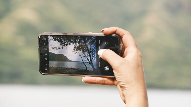 A person takes a photo of a serene landscape using a smartphone camera.