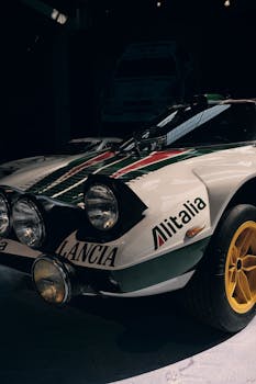 Vintage Lancia Stratos with Alitalia livery showcased in a museum for auto enthusiasts.
