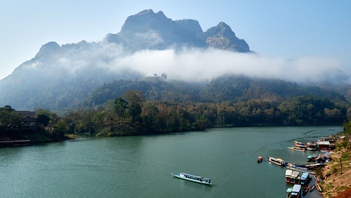 Layered mountains and river landscape typical of the terrain outside Vientiane, Laos