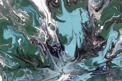 Free Vivid abstract painting featuring green and blue fluid swirls, creating a dynamic, flowing composition. Stock Photo