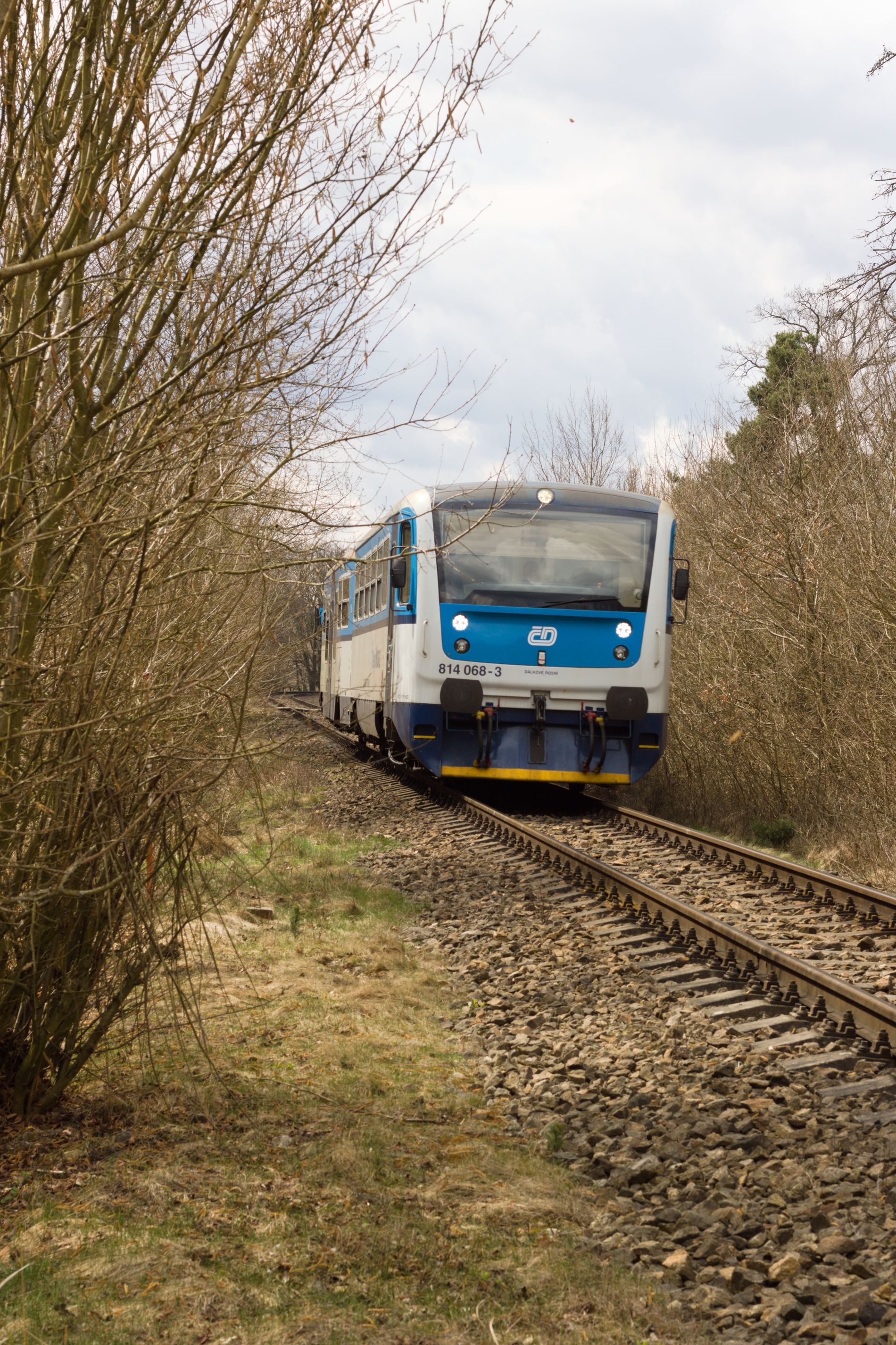 Blue and white passenger train traveling through a green countryside setting
