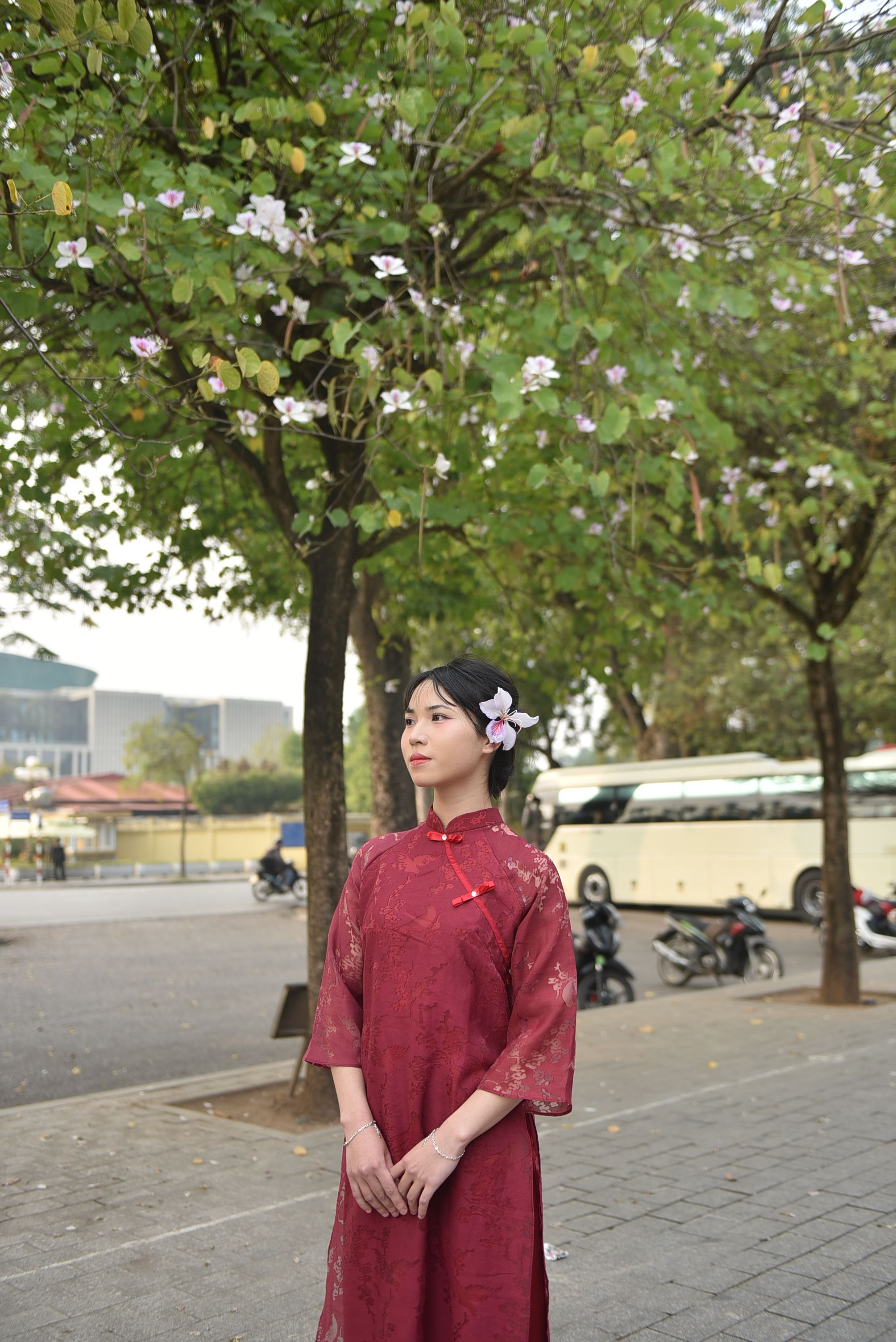 Elegant Woman in Traditional Red Dress Outdoors · Free Stock Photo