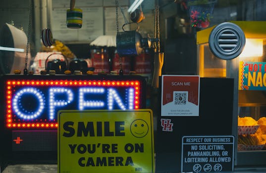 Vibrant snack stand with neon signs and food displays in Houston, Texas.