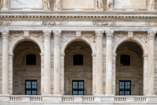 Close-up of the ornate archways and columns at the Minnesota State Capitol building.