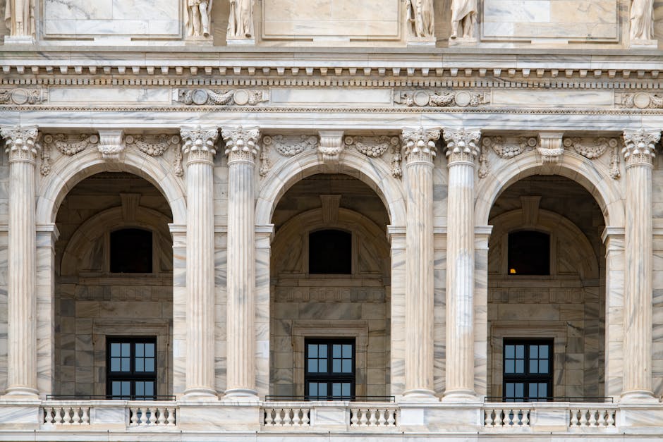 Close-up of the ornate archways and columns at the Minnesota State Capitol building.