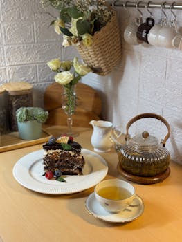 Delightful tea setup with chocolate cake and floral decor in a cozy indoor setting.